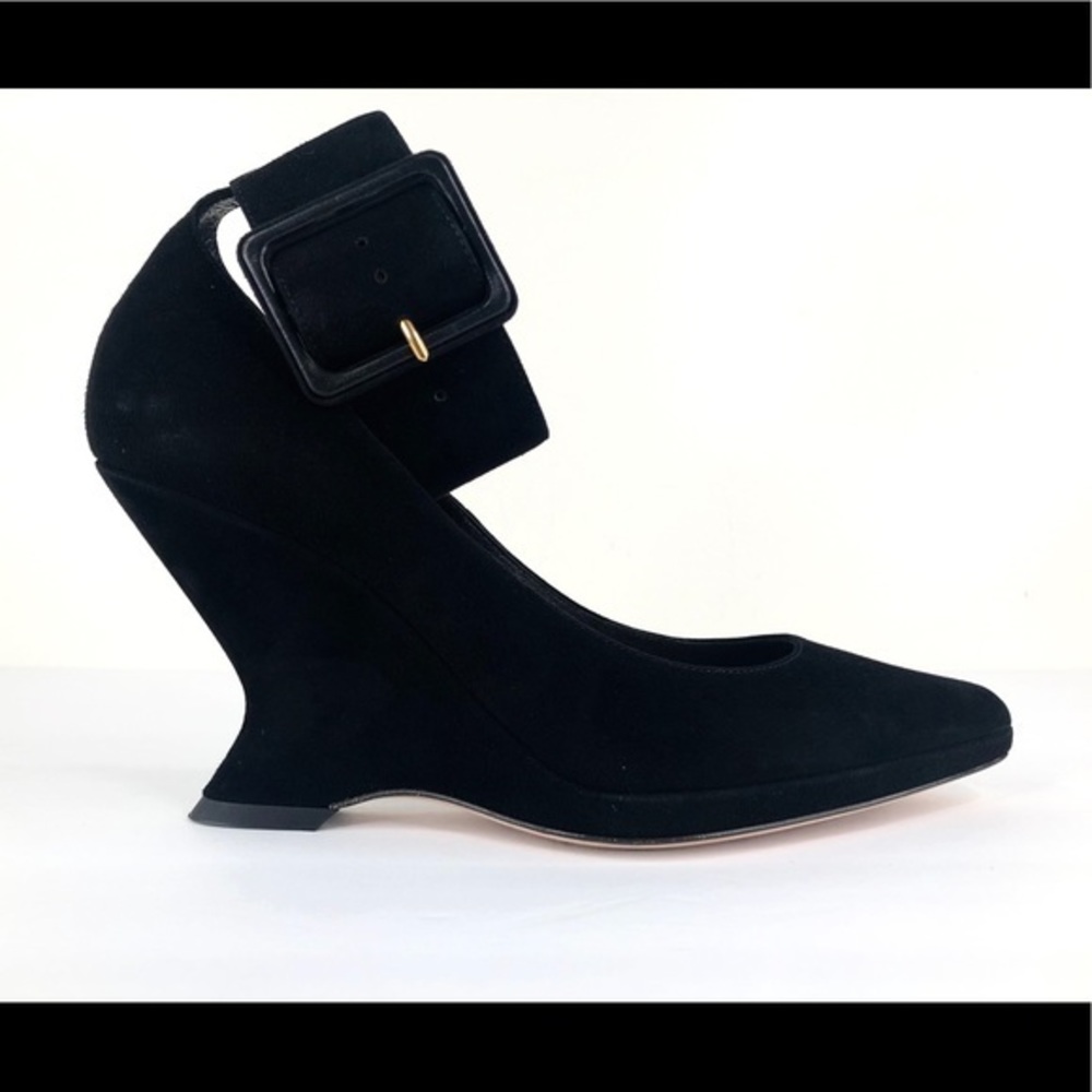 DIOR DIOROUND WEDGE SUEDE ANKLE STRAP PUMPS